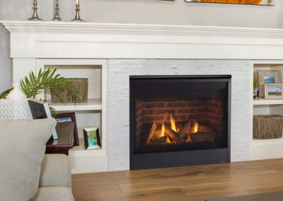 Gas fireplace with brick and small tiles