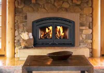 Black fireplace in a stone hearth