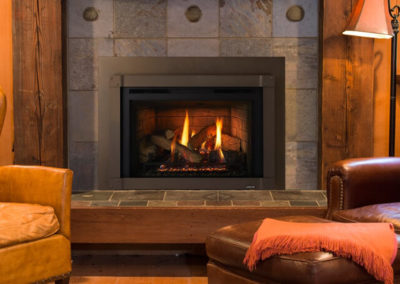 Tile hearth in a wood paneled home